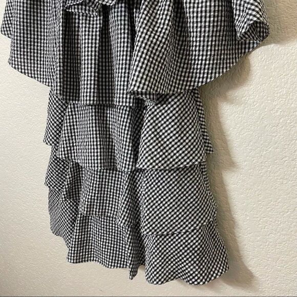 MLM Label Gingham Tiered Ruffle Off Shoulder Black and White Mini Dress - Picture 10 of 14